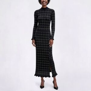 New! Studio One NY Black Grid Long Sleeve Mock Neck Knit Dress M Ruffle Trim